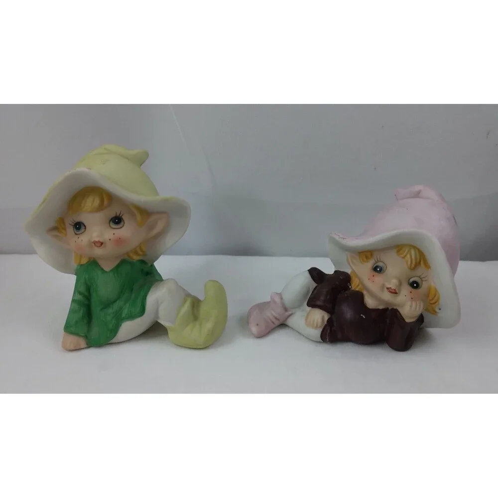 2 Vintage HOMCO Pixie Elves Porcelain Figures Garden Fairies Home Interior